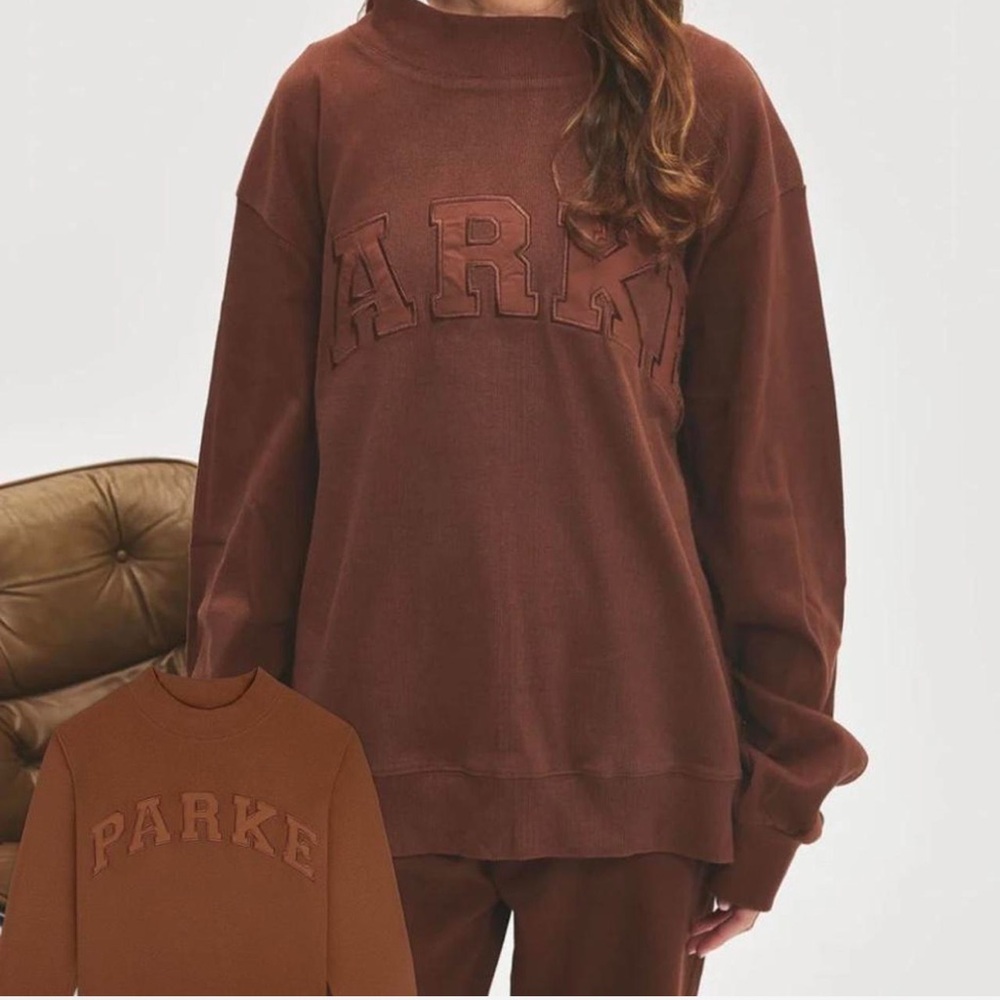 PARKE Mocha Ribbed Varsity Pullover NWT - Picture 2 of 4
